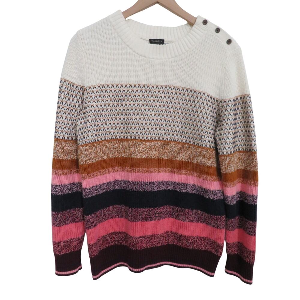 Talbots Women Sz L Striped Merino Wool Blend Sweater Patch Elbows Cozy Classic